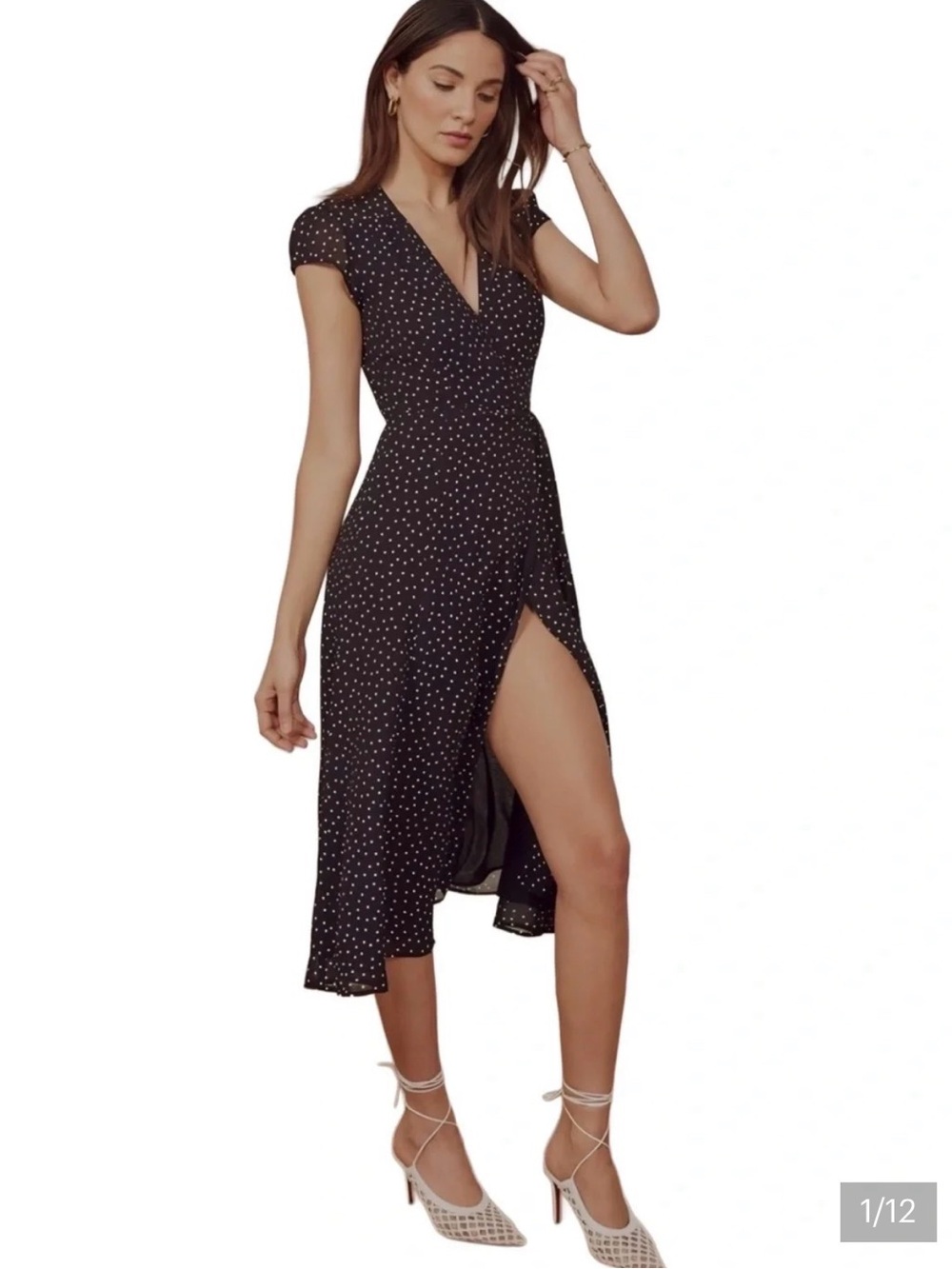 Reformation Carina Wrap Tie Midi Dress Black Polka Dot
